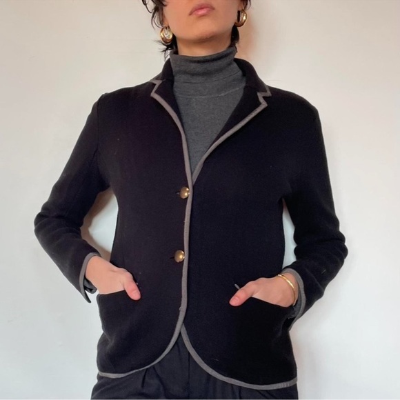 LOFT gray cotton tipped cardigan sweater with blazer look, heather gray & black - Picture 5 of 13